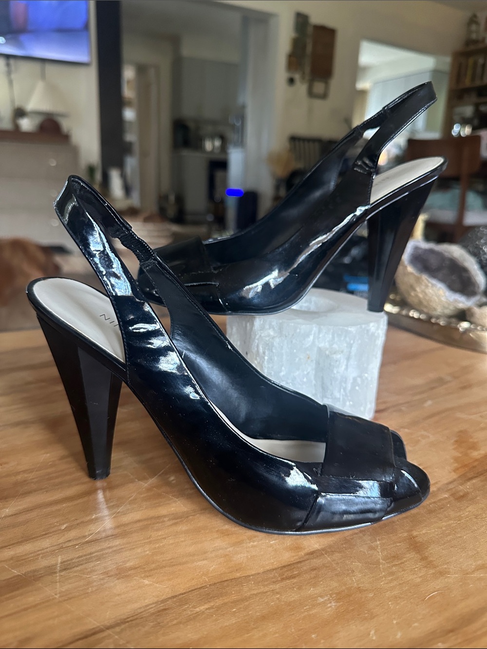 Nine West Black Patent Peep-Toe Slingback Heels used Size 7.5 used marks as show